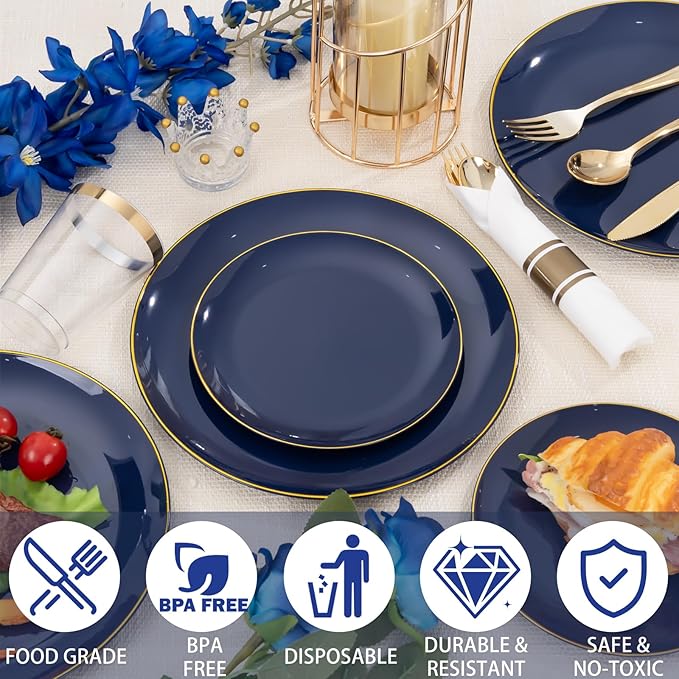 Plastic Plates for 50 Guests in Navy Blue with Gold Trim