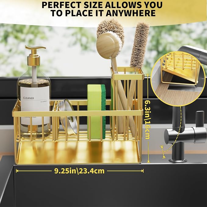 Kitchen Sink Caddy Organizer, Gold Stainless Steel with Brush Holder