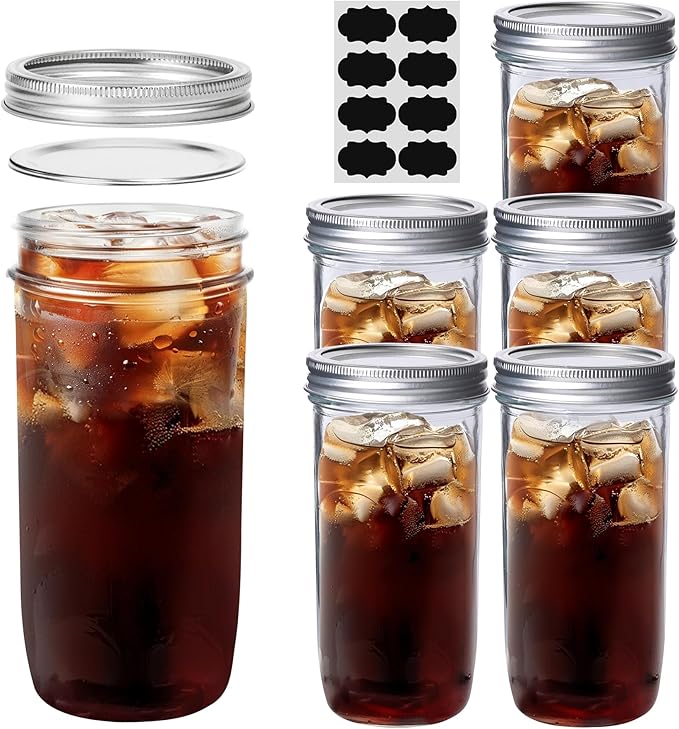 Wide Mouth Canning Jars 24 oz 6 Pack with Lids and Labels