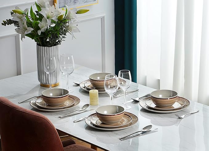 Brown Melamine Dinnerware Set for 4, 12 Pieces, Dishwasher Safe
