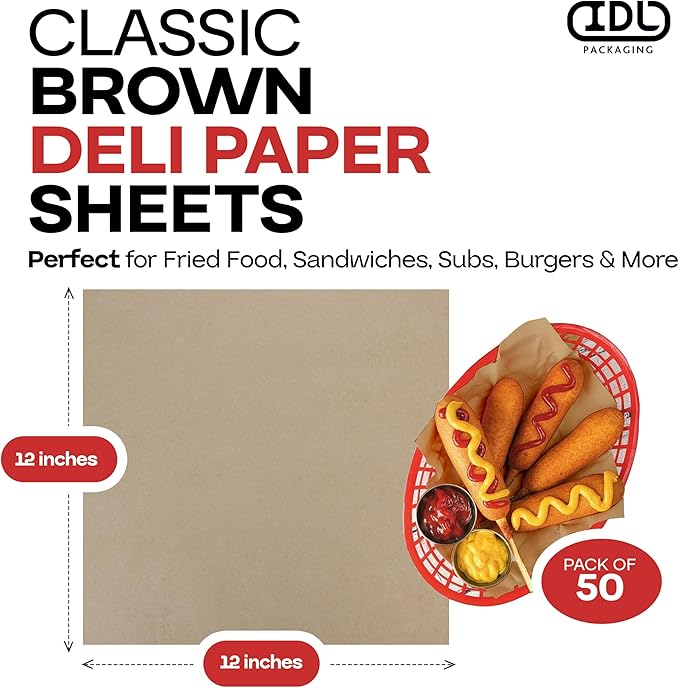 Brown Deli Paper Sheets, 12" x 12" (50 pcs.) - USA-Made Premium Food Basket Liners - PFAS-free Grease Resistant Deli Paper Sheets for Food, Snack & Baking Wrap, Picnic & Party by IDL Packaging