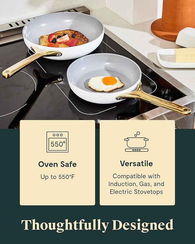 Caraway Ceramic Fry Pan Duo with Glass Lids - Non-Stick Frying Pans (10.5” & 8”) - Non Toxic, PTFE & PFOA Free - Oven Safe & Compatible with All Stovetops – Marigold