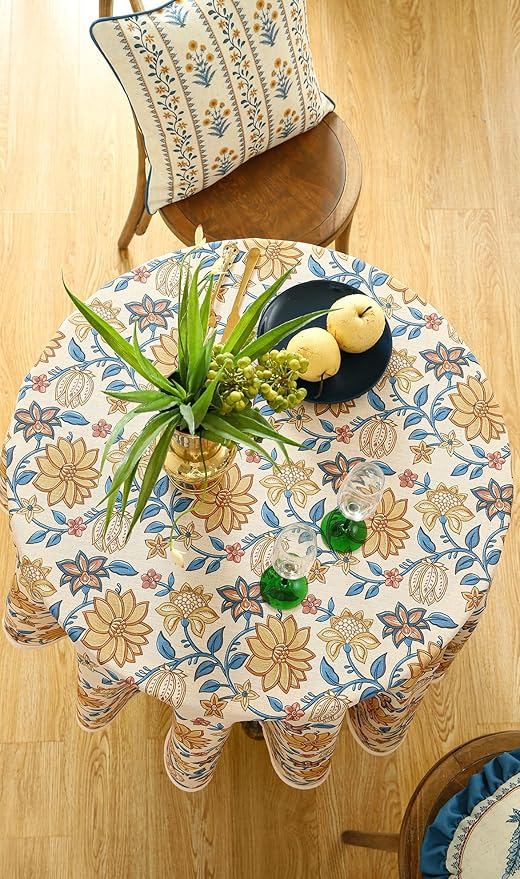 Round Tablecloth, 55 Inch Floral Linen-Blend, Wrinkle-Resistant