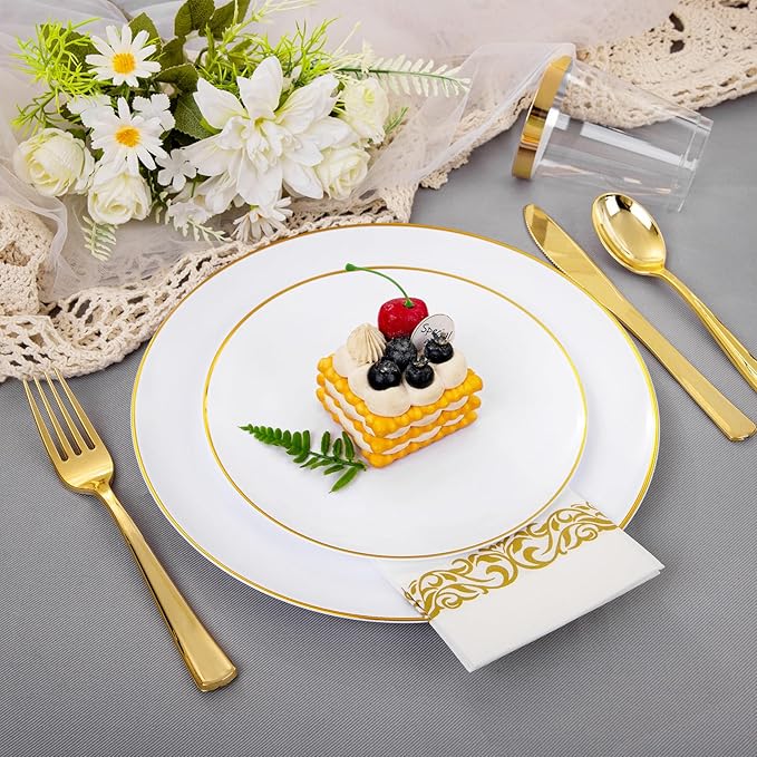 Plastic Plates with Gold Rim, 350-Piece White Disposable Dinnerware Set for 50