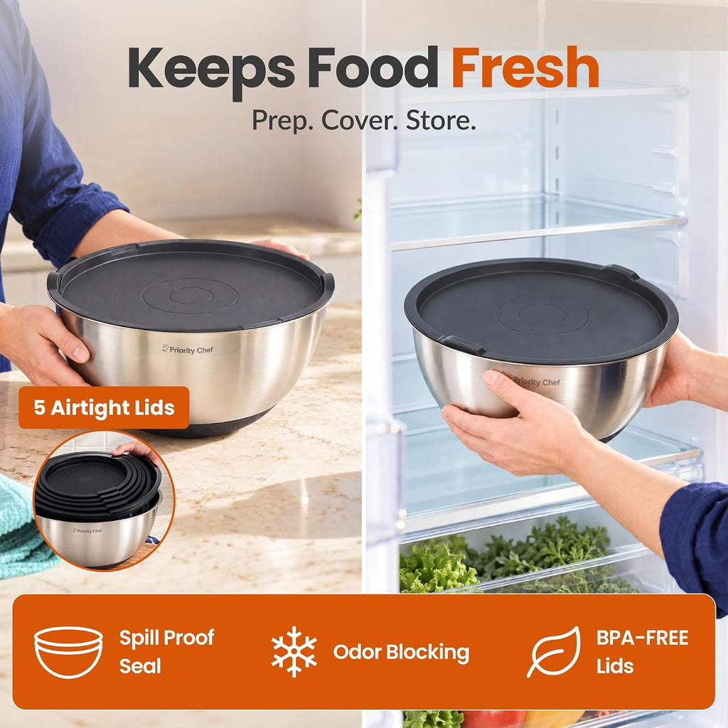 Premium Mixing Bowls with Airtight Lids Set, Thicker Stainless Steel, Black – close-up