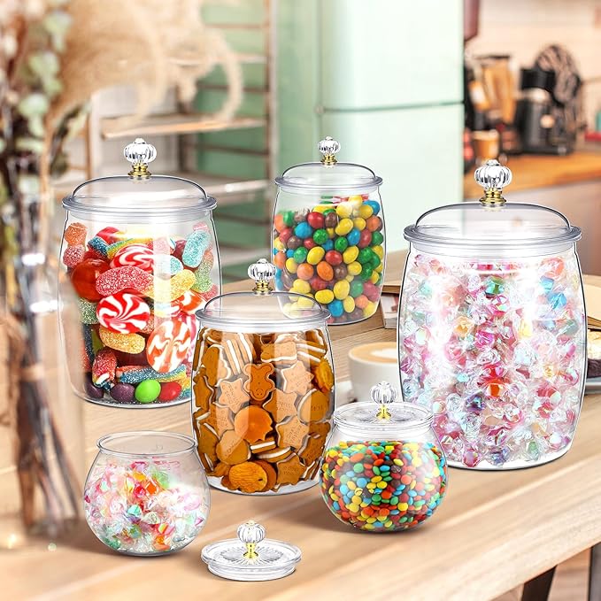Food Jar Canisters, 6 Clear Plastic Jars with Lids, 30 to 90 oz
