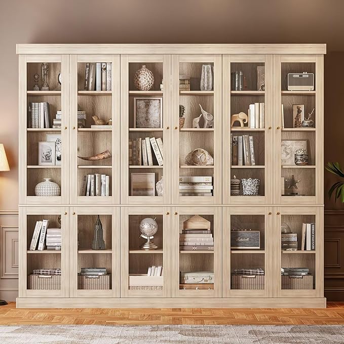 70.8" Tall Brown Bookshelf with Glass Doors, Farmhouse Modular Bookcase with 6-Tier Adjustable Shelves, Large Storage Cabinet for Home Office, Living Room, Set of 2