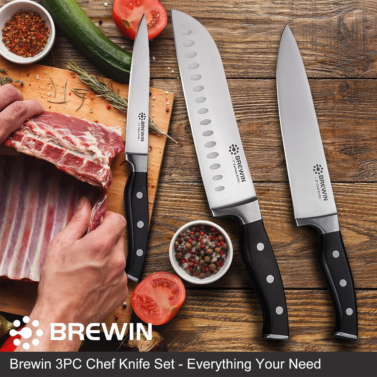 Knife Set: 3-Piece Chef, Santoku and Utility Knives, 8-Inch Blades