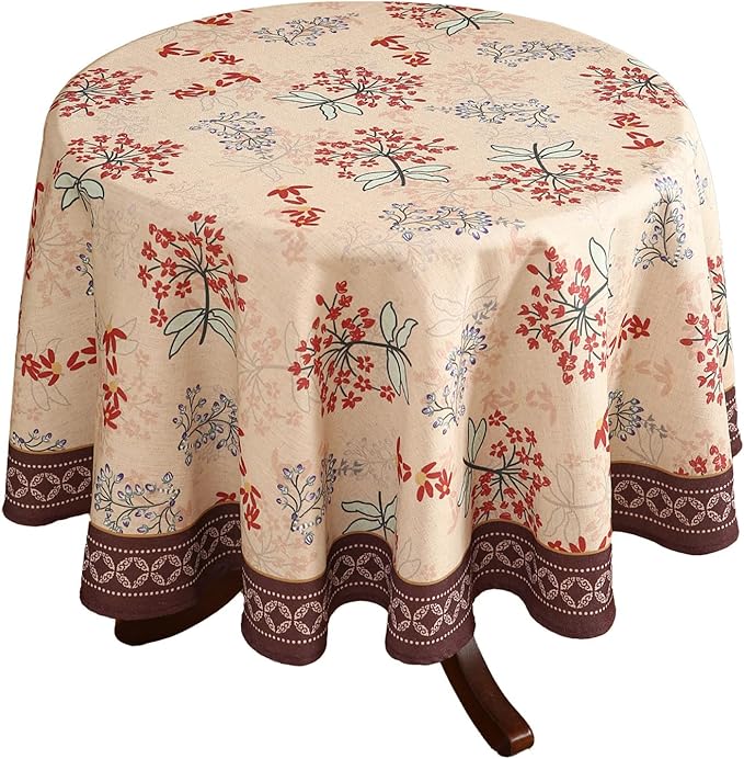 Round Tablecloth, 67-Inch, Polyester-Linen Blend, Vintage Red Floral Pattern