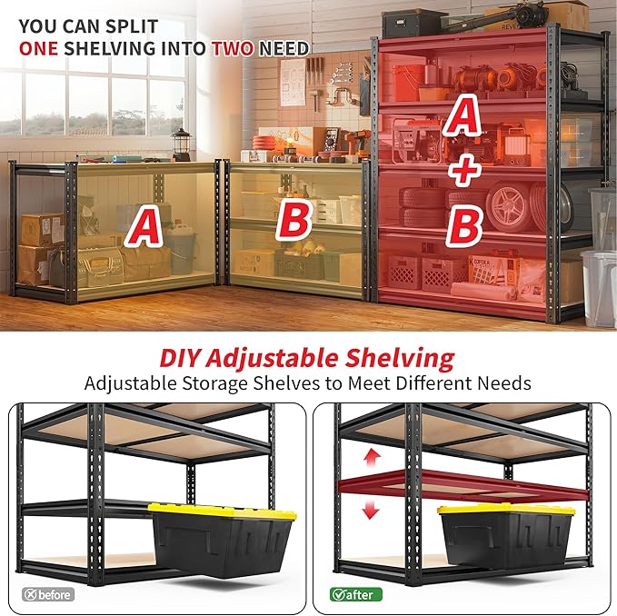 Standing Shelf Unit, 5 Tier, 72 Inch Tall, Black Metal, 2400 lb Capacity
