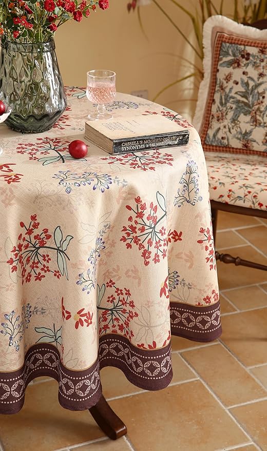 Round Tablecloth, 67-Inch, Polyester-Linen Blend, Vintage Red Floral Pattern