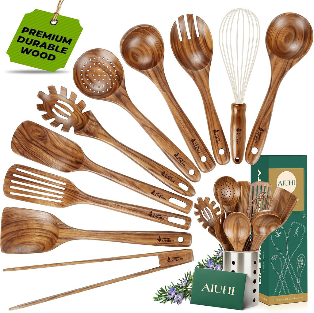11‑Piece Natural Teak Wood Kitchen Utensil Set with Holder, Non‑Toxic Cooking