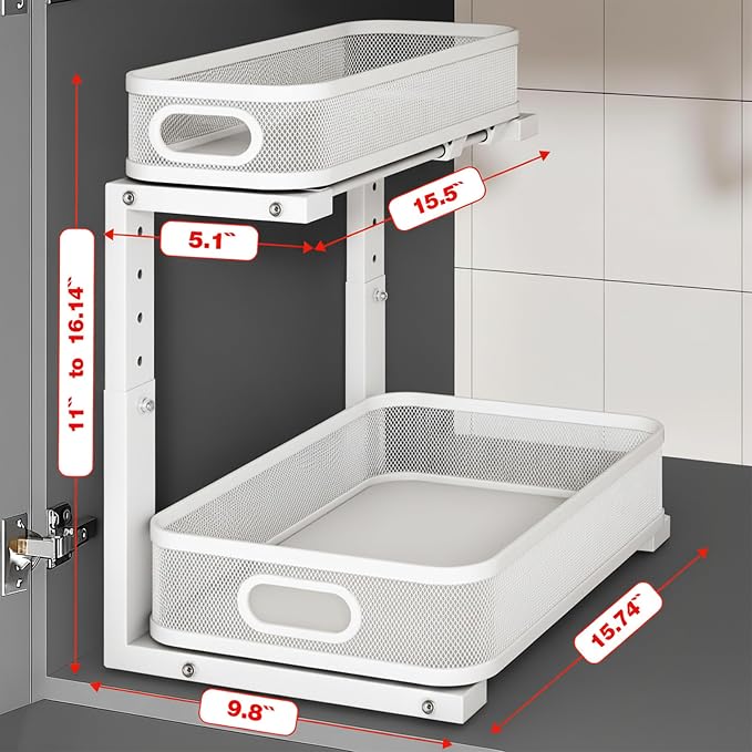 Pull-Out Under Sink Storage Organizer, 2-Pack, White Carbon Steel