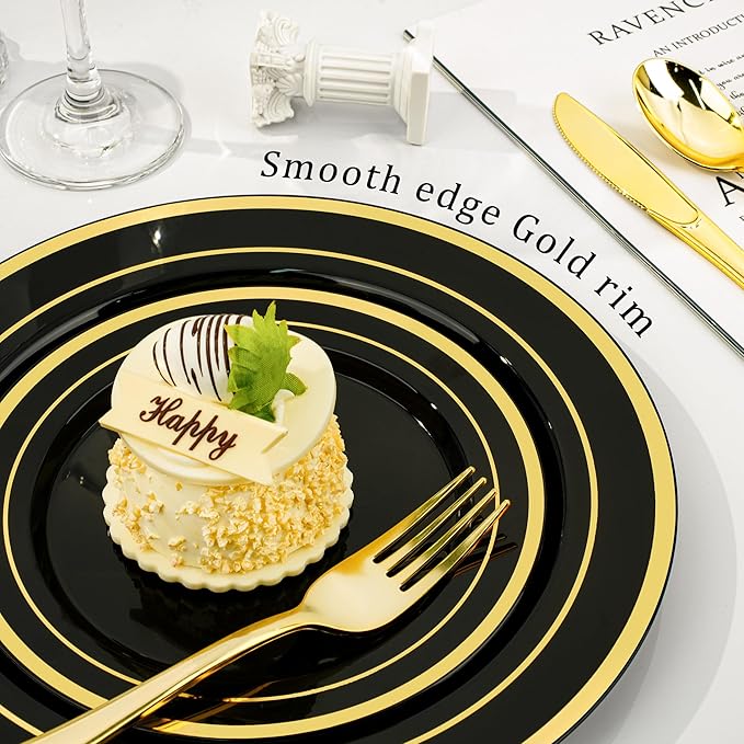 Plates: Black and Gold Disposable Set, 350 Pieces for 50 Guests
