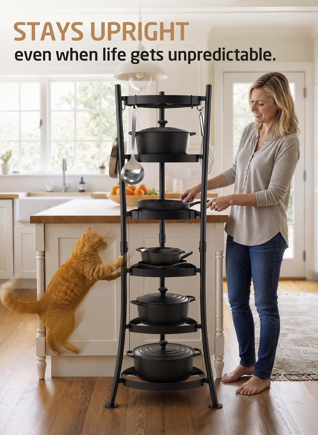 264 Lbs Capacity Freestanding Pot Rack, 6-Tier Cast Iron Cookware Stand with 6 – features