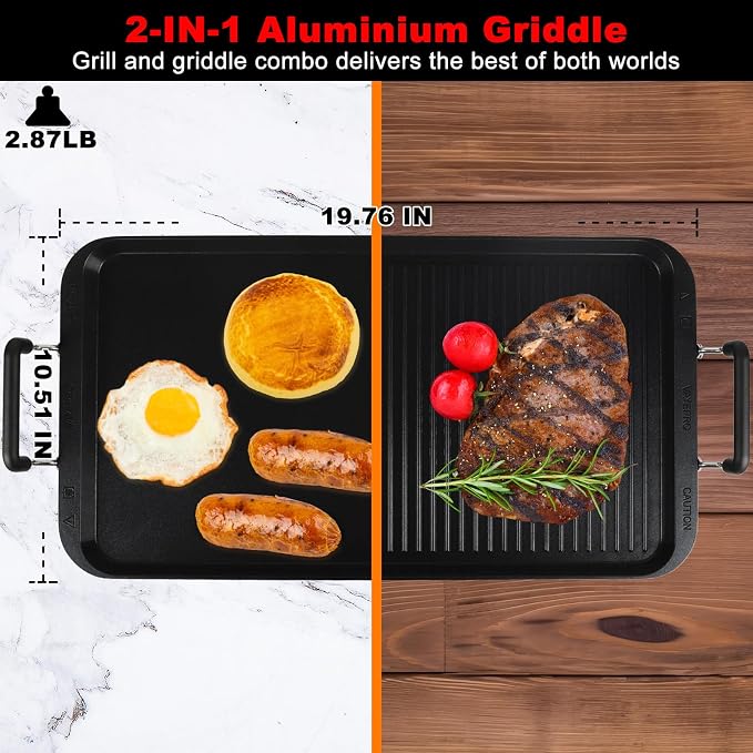 Griddle Pan, 20-Inch Non-Stick Aluminum Double Burner, Black