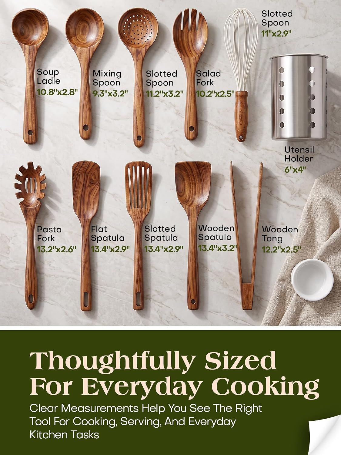 Utensil Set, 11-Piece Solid Teak Wood Cooking Tools, Stainless Holder Included