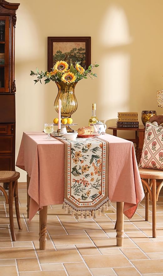 Table Runner 12 x 87 Inch Floral Pattern, Coffee Linen-Polyester Blend
