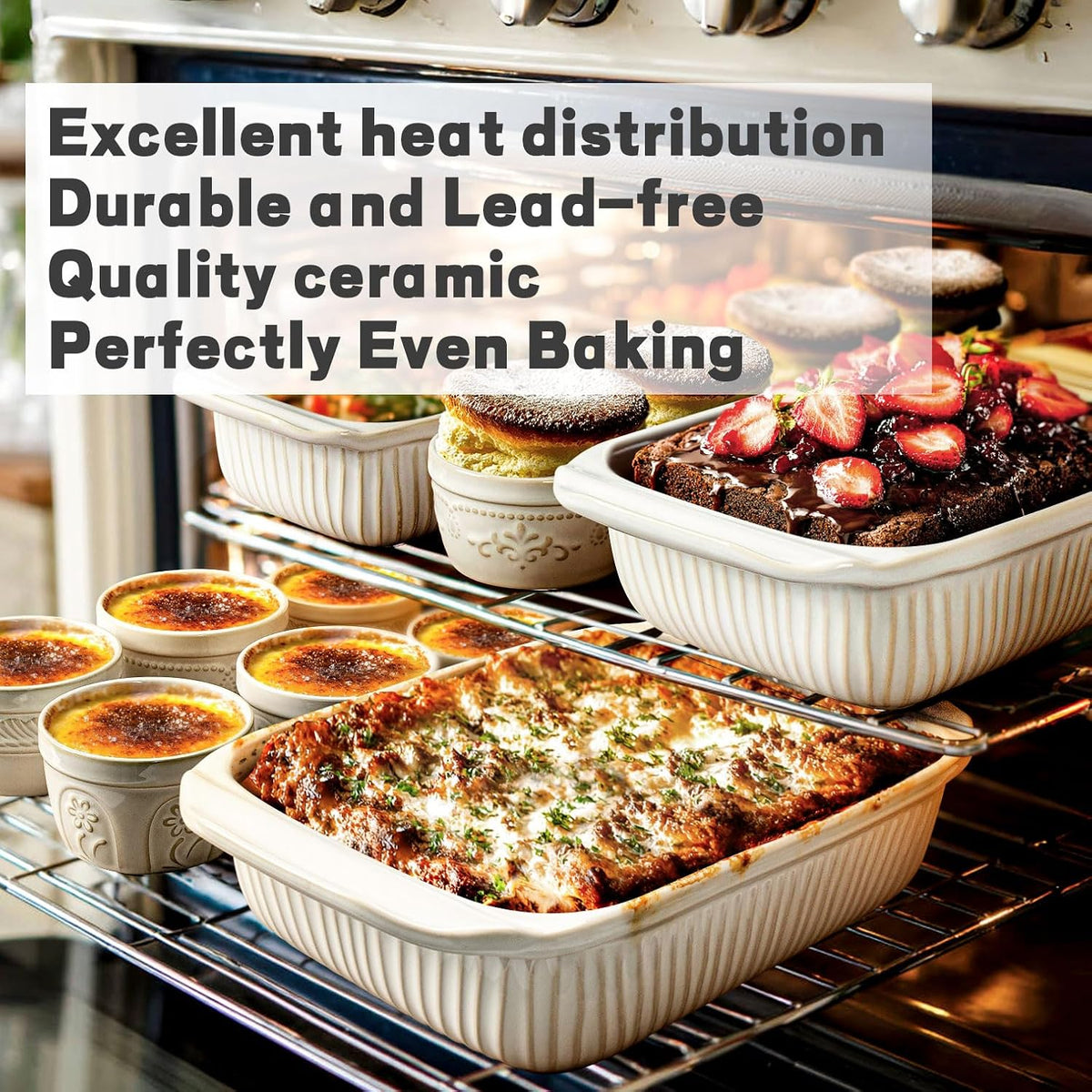 5.1 Qt Ceramic Casserole Dish with Lid, Deep Baking Dish, White – set view