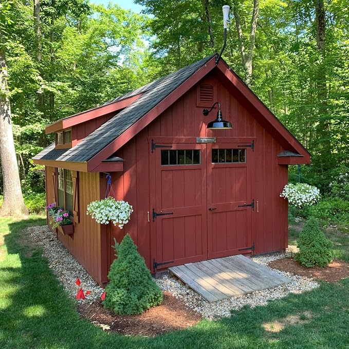 Steel Lighting Co. Gardena Barn Light | Outdoor Wall Mounted | 16" Dome | 16" Gooseneck | Farmhouse Light Made in America | Red Exterior/White Interior