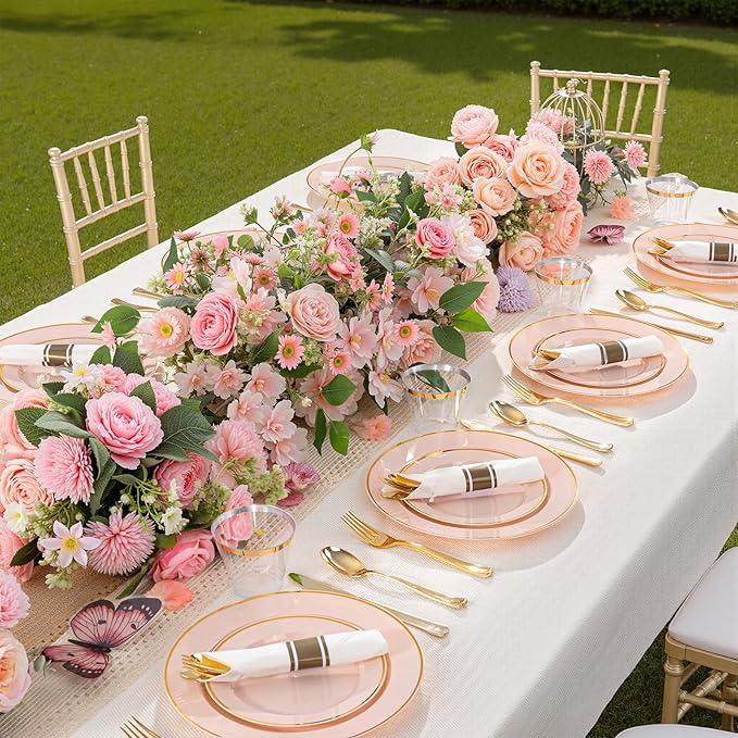 Disposable Plates Set in Pink and Gold, 350 Pieces for 50 Guests