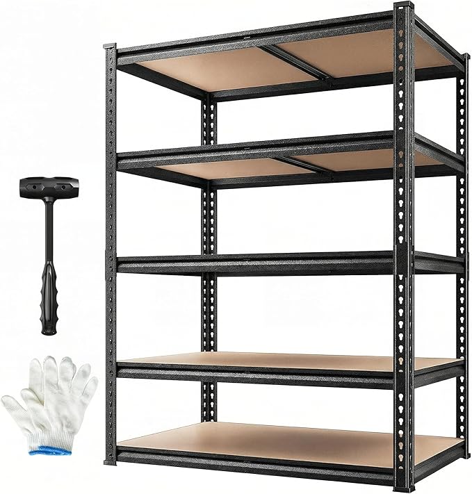 Standing Shelf Unit, 5 Tier, 72 Inch Tall, Black Metal, 2400 lb Capacity
