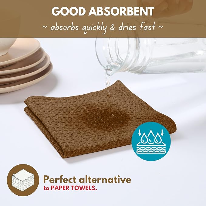 Dish Towels, 4 Pack Cotton Waffle Weave Kitchen Towels, Brown 16x26 Inch