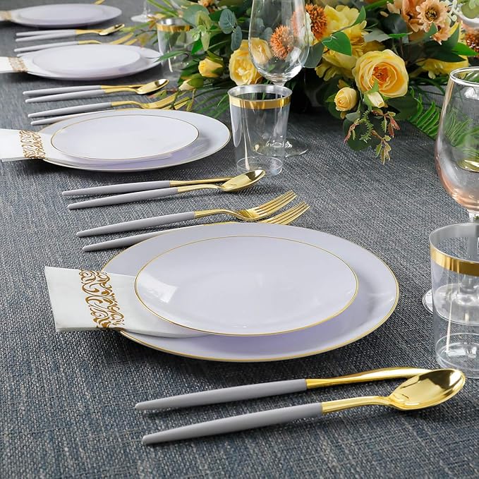 Disposable Plates Set, 350 Pieces, Gold Rim White Plastic for 50 Guests