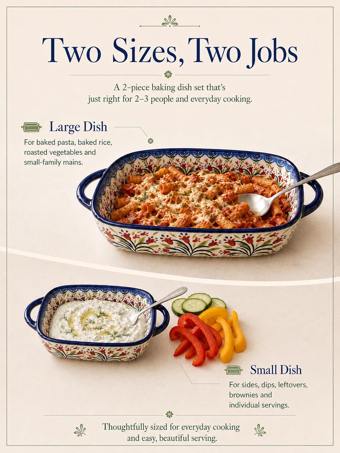 2-Piece Hand-Painted Polish Pottery Style Ceramic Baking Dish Set – features
