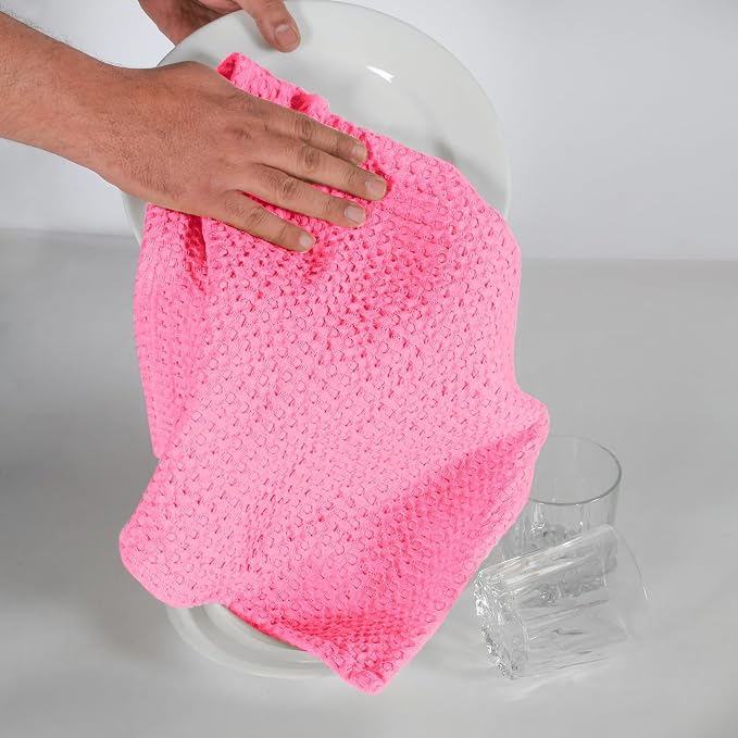 Dish Towels, Cotton Waffle Weave, Pink, 4 Pack Set