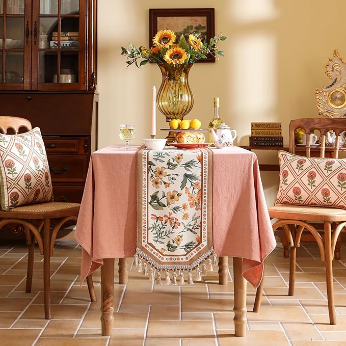 Table Runner 12 x 87 Inch Floral Pattern, Coffee Linen-Polyester Blend