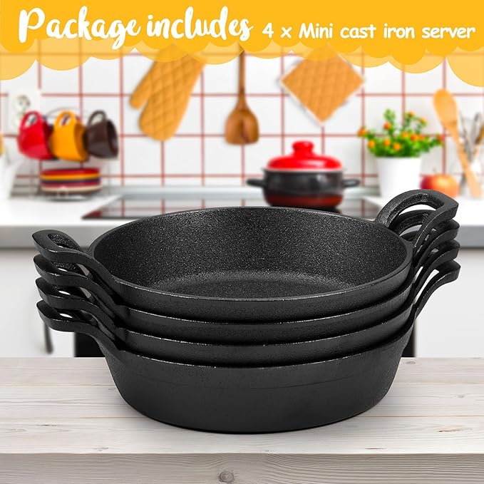Cast Iron Skillet 4-Pack, 7 Inch Black Mini Pans with Double Loop Handles