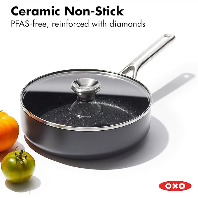 OXO Professional 3QT Saute Pan Jumbo Cooker with Lid, Hard Anodized Ceramic Nonstick Cookware PFAS-Free, Stainless Steel, Induction Suitable, Diamond Reinforced Coating Dishwasher and Oven Safe, Black