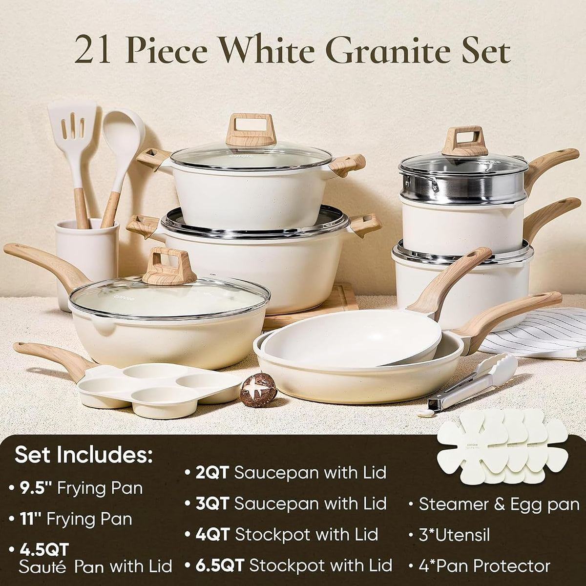 Cookware Set, 21 Piece Granite Nonstick with Induction Base, Cream White