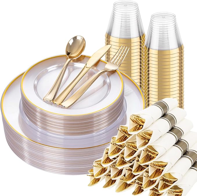 Gold-Rimmed Clear Plastic Plates, 175-Piece Set for 25 Guests