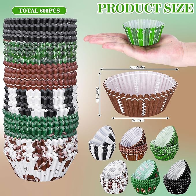 Baking Cups, 600 Pieces Football Paper Cupcake Liners, 6 Designs