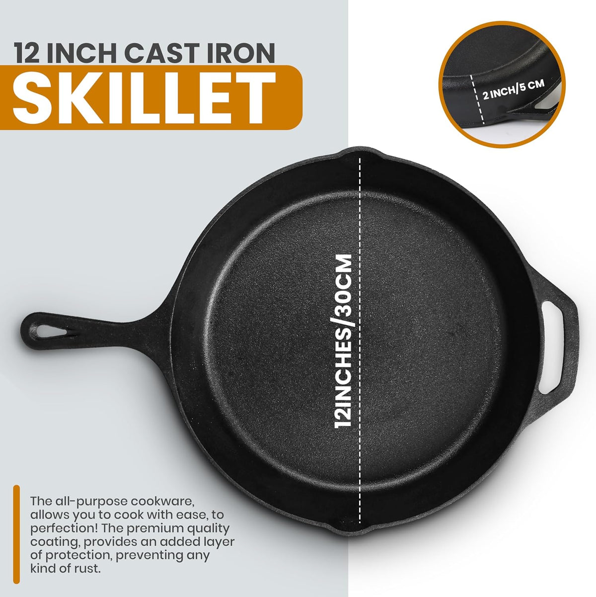 Skillet with Lid, 12-Inch Pre-Seasoned Cast Iron, Black