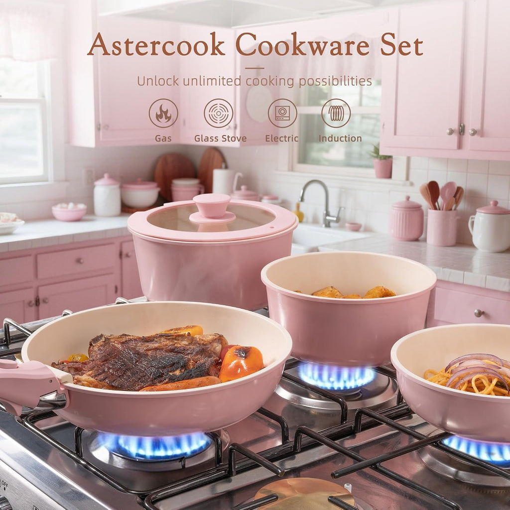 Nonstick Cookware Set, 21 Piece Pink Aluminum with Removable Handles
