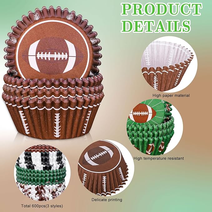 Baking Cups, 600 Pieces Football Paper Cupcake Liners, 6 Designs