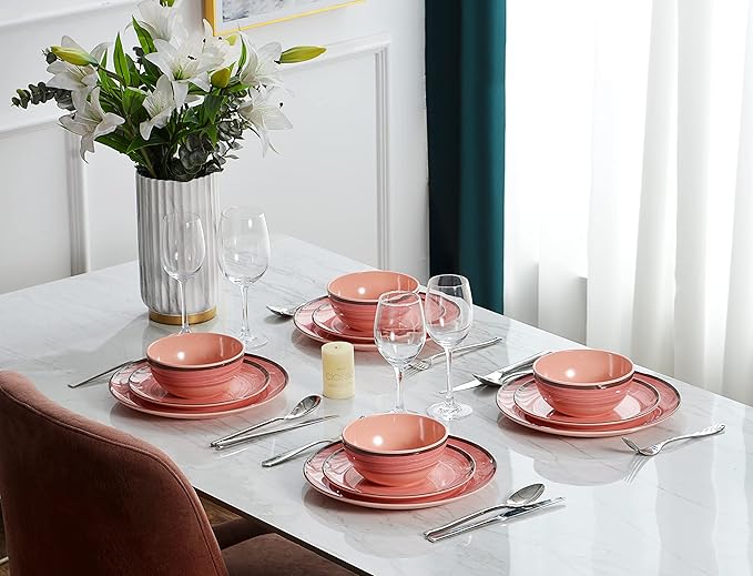 Melamine Dinnerware Set, 12 Piece Pink Round Plates and Bowls for 4