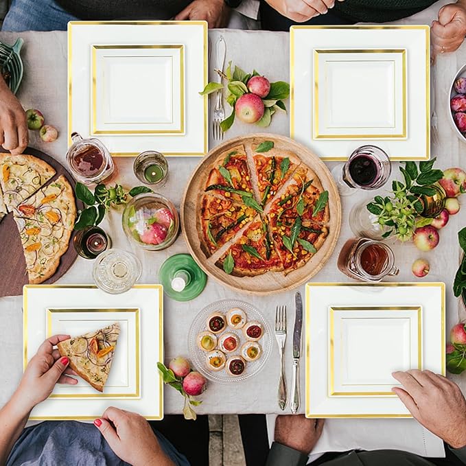 Plates Set, Gold Square Plastic, 352 Pieces for 50 Guests
