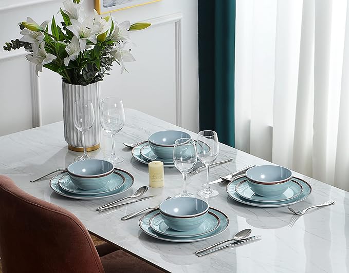 Dinnerware Sets for 4, 12 Piece Green Melamine Round Plates and Bowls