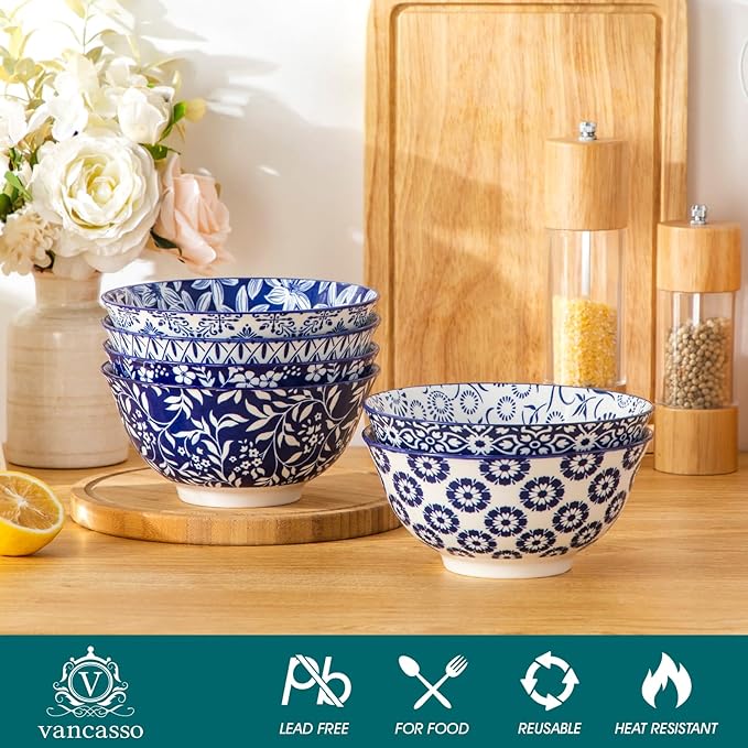 Cereal Bowls Set of 6, 24 oz Blue and White Floral Porcelain