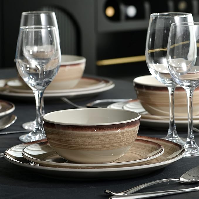 Brown Melamine Dinnerware Set for 4, 12 Pieces, Dishwasher Safe