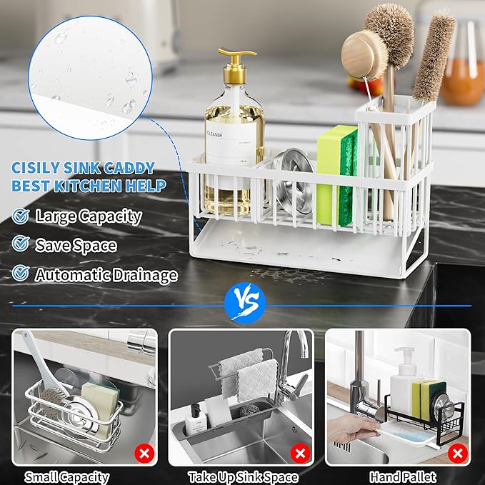 Kitchen Sink Caddy Organizer, 304 Stainless Steel with Divider, White
