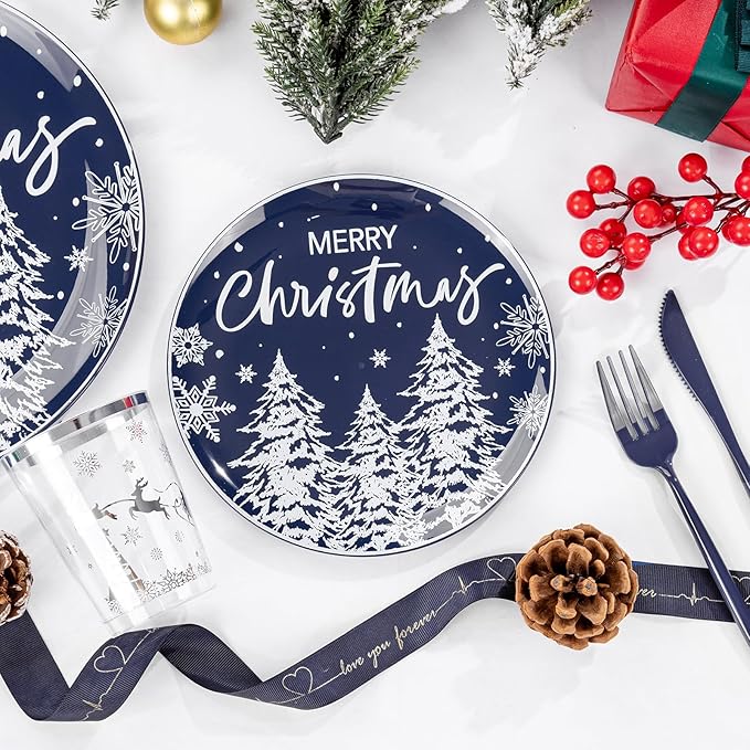 Plates Set, 150 Pieces, Blue Christmas Dinnerware with Snow Forest Design