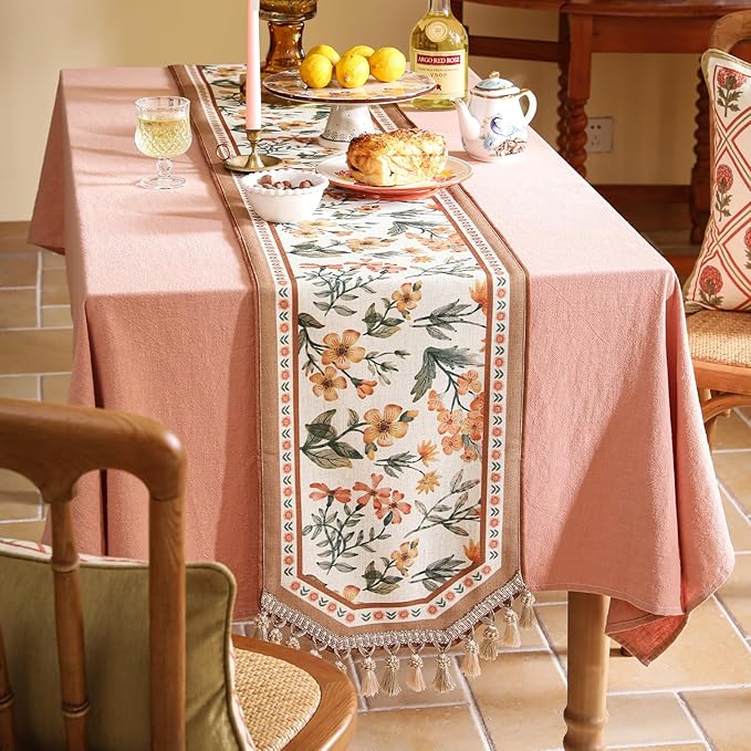 Table Runner 12 x 87 Inch Floral Pattern, Coffee Linen-Polyester Blend