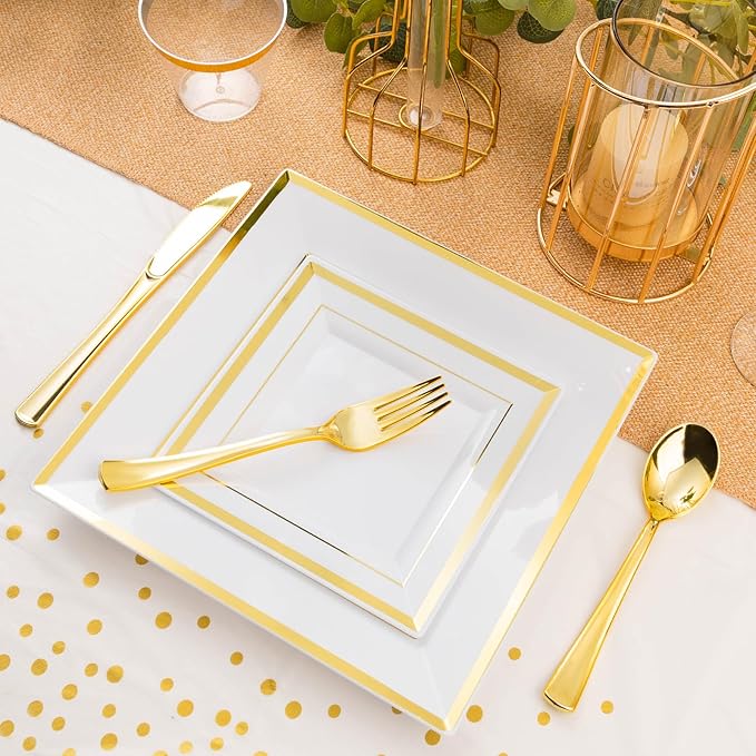 Plates Set, Gold Square Plastic, 352 Pieces for 50 Guests
