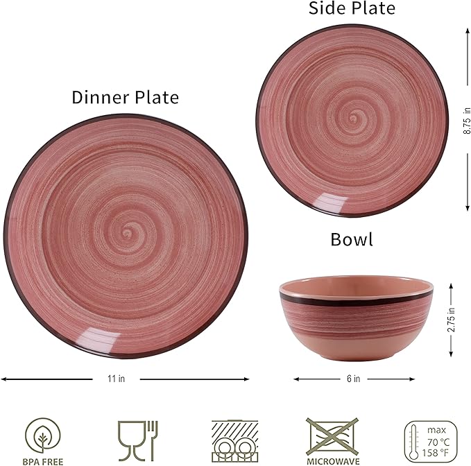 Melamine Dinnerware Set, 12 Piece Pink Round Plates and Bowls for 4
