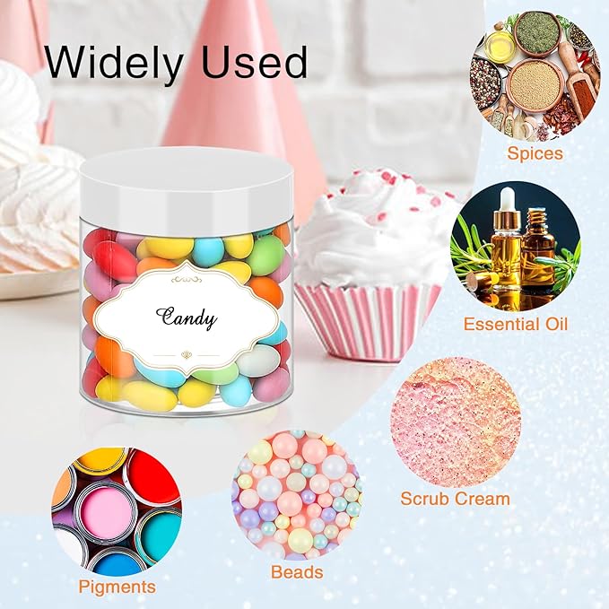 Food Jars 6 oz Clear Plastic with White Lids, 48 Pack Wide Mouth